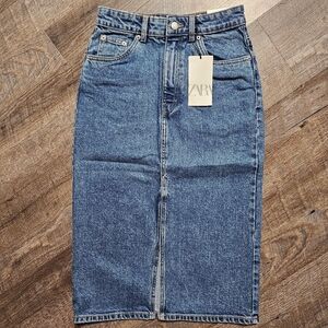 ZARA Denim Midi Slit Skirt